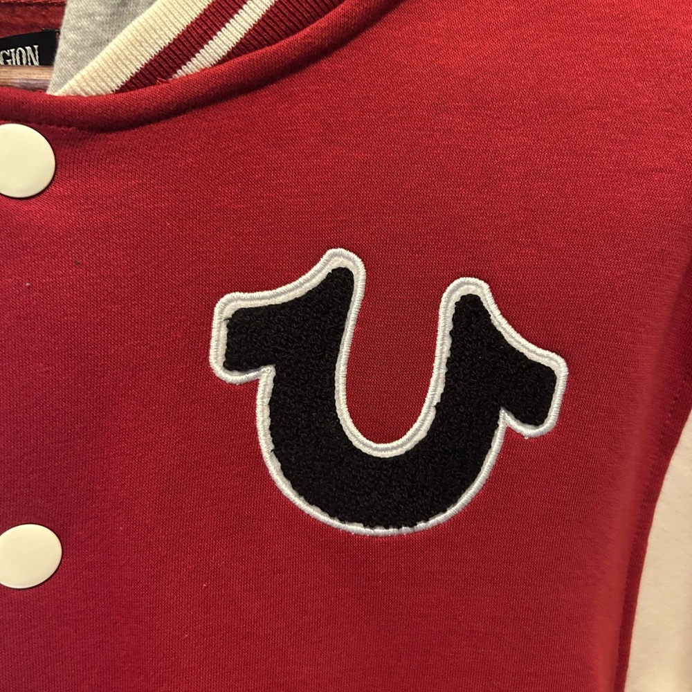 True Religion Red and Gray Hooded Fleece Varsity Jacket-Size Medium NWT😀 - Picture 2 of 4